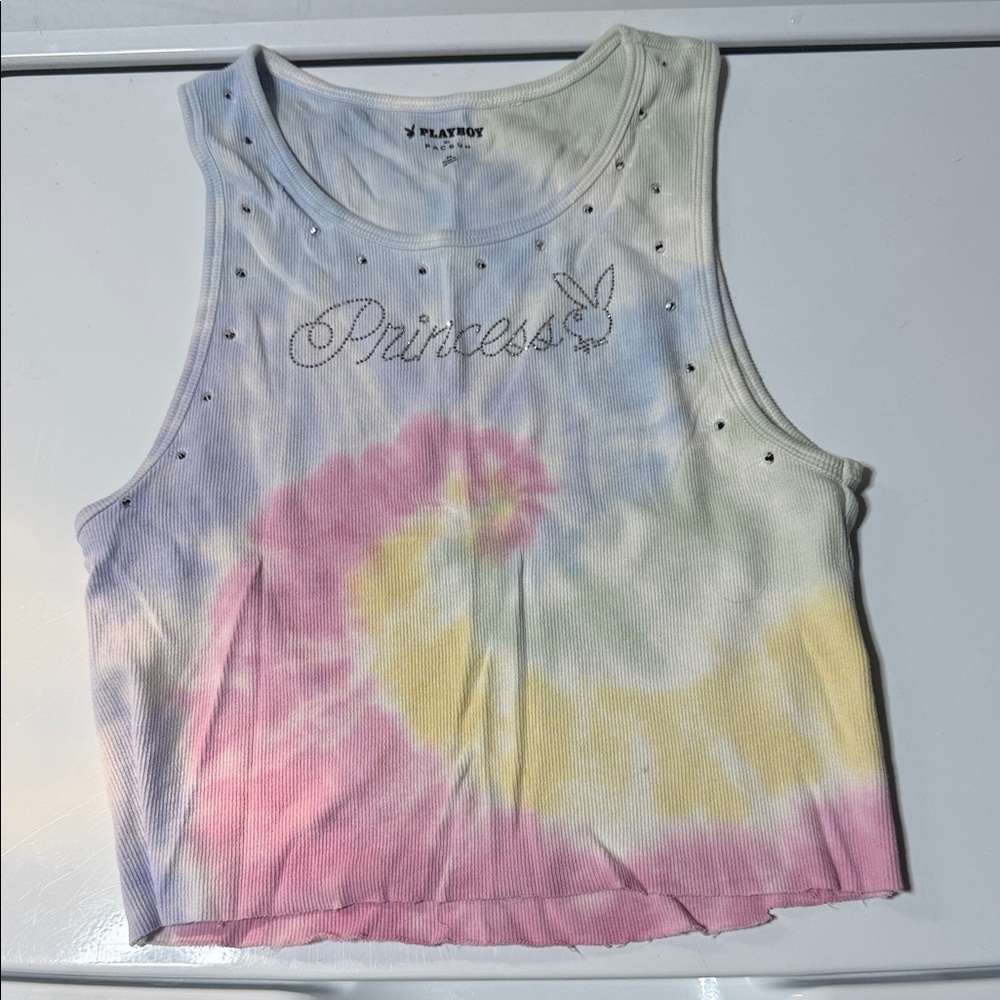 Playboy Tie-Dye 'Princess' Rhinestone Crop Tank - Pastel Multi